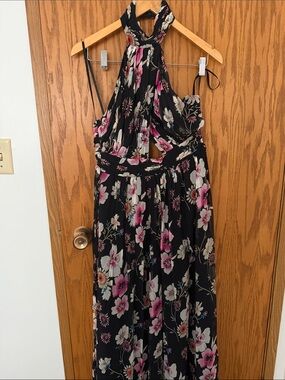 Floral Halter Maxi Dress in Black and Pink